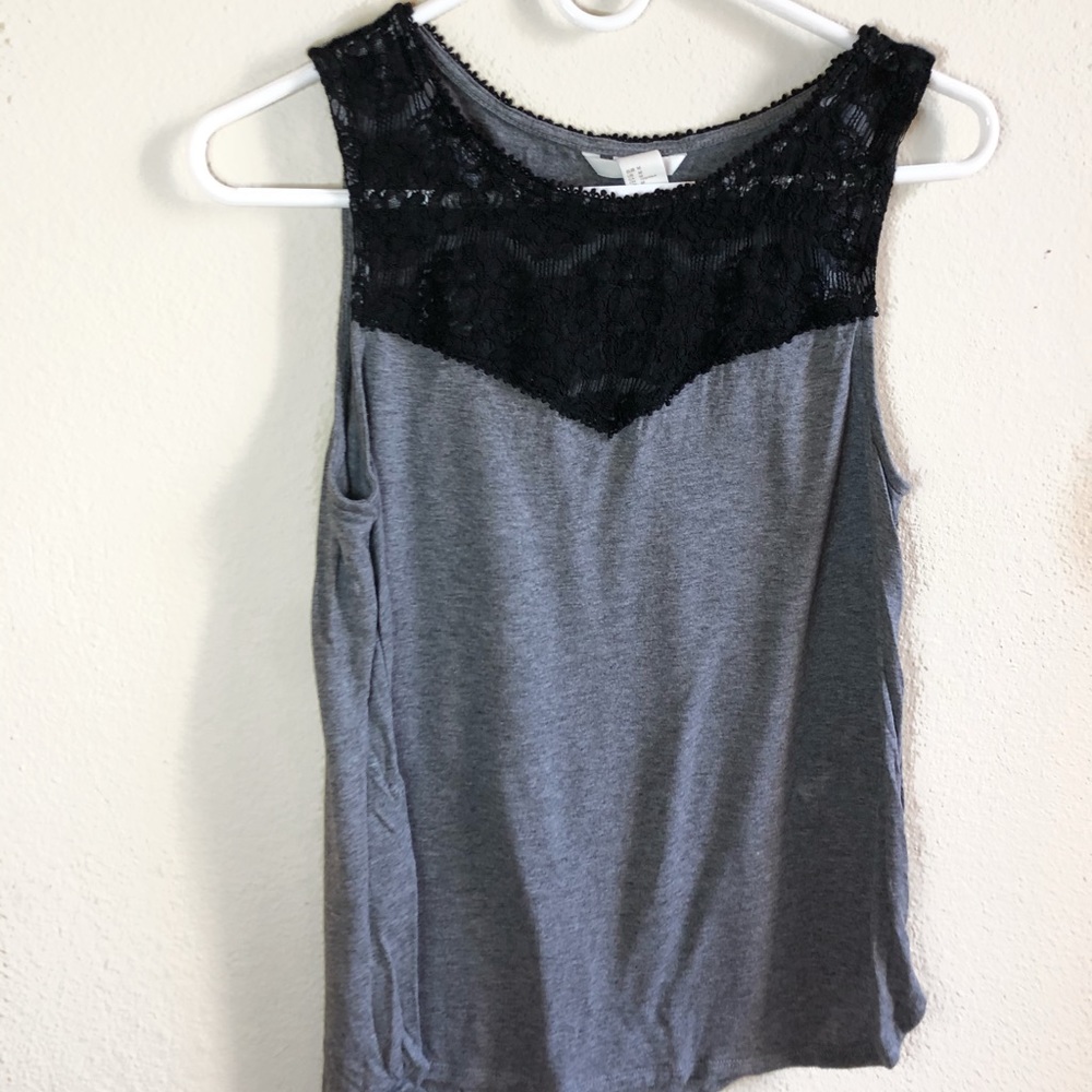 grey tank with black lace details
